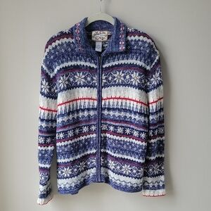 Heirloom Collectibles Blue Snowflakes Patterned‎ Zip Up Sweater Women Size Large